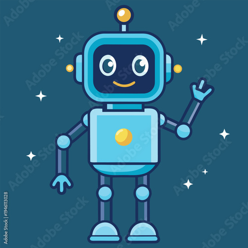 A cheerful cartoon robot waving with a starry background and bright colors