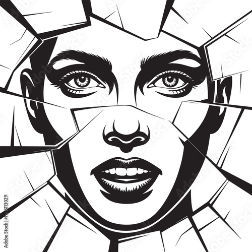 Cracked face emerging from darkness with abstract lines