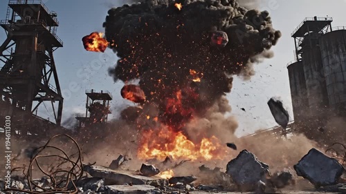 A massive explosion occurs in a war-torn city with destruction and debris scattered everywhere, and a large cloud of smoke and flames rising in the background, possibly for use in a news article
