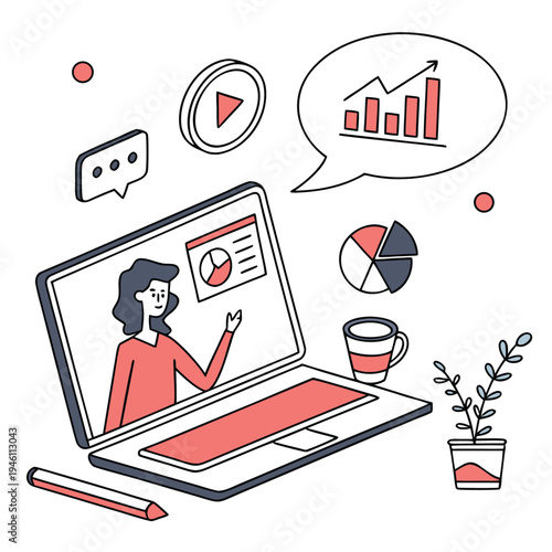 Businesswoman presenting data on laptop with graphs and charts around her