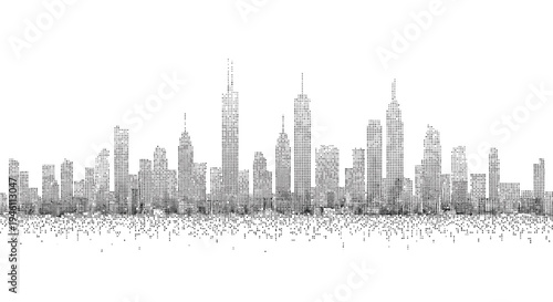 Vector city skyline illustration, black and white, skyscrapers