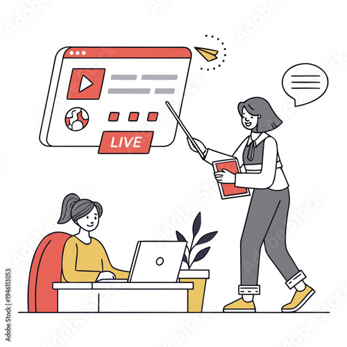 Two women engaging with live video streaming on a laptop computer together online