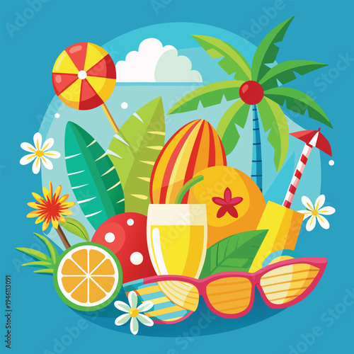 Vibrant summer vacation objects with palm tree and tropical elements