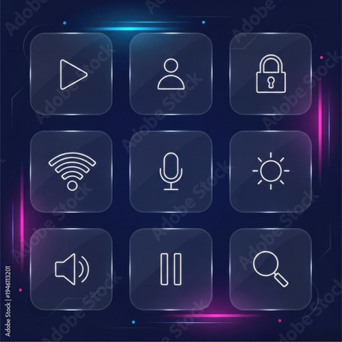 This image displays a grid of nine modern, minimalist icons rendered with white outlines on translucent, glowing glass-like squares