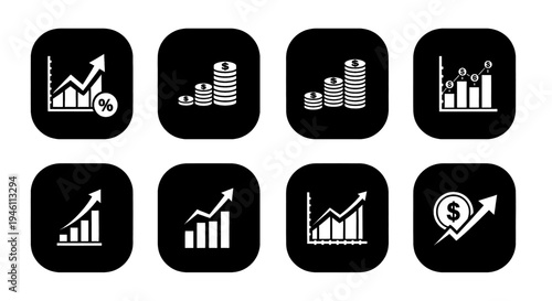 Collection of financial growth icons on black background representing success and investment.