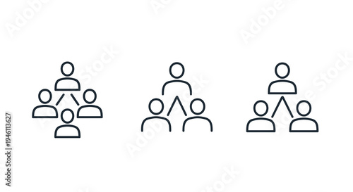 Teamwork Hierarchy Icons Set, Organizational Structure and Business Network Flow Chart Symbols, Simple Outline Graphics for Web and App Design