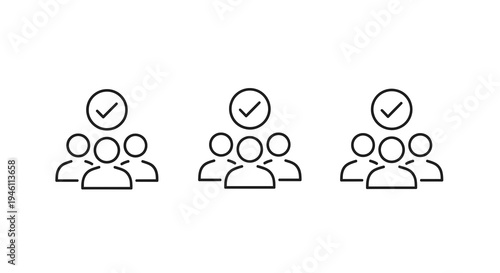 Teamwork Success Icons Set, Simple Outline Human Group Figures with Checkmark Above, Vector Illustration for Business Collaboration and Achievement Concepts