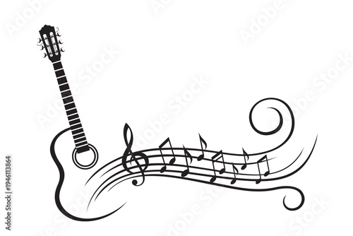 abstract emblem of guitar and music notes isolated on white background