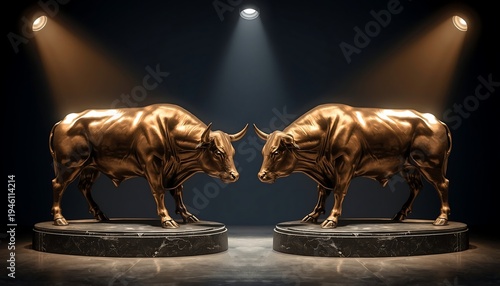 Two magnificent golden bull statues stand facing each other on dark pedestals under dramatic spotlights.