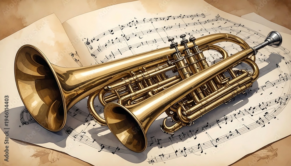 Obraz premium Golden Trumpets Resting on Musical Sheet Paper.