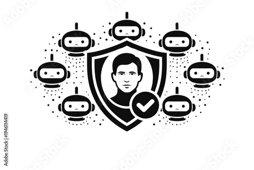 Vector illustration of shield with man and robots for cybersecurity or technology concept
