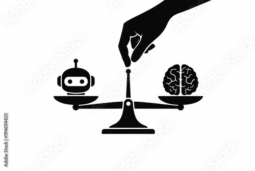 Vector illustration of hand balancing robot and brain on scales
