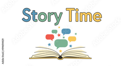 Vector illustration of open book with colorful speech bubbles, Story Time