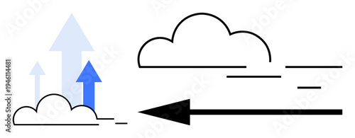 Cloud computing concept. Arrows rising from a cloud depict growth and innovation. Horizontal elements convey speed. Cloud computing boosts productivity, scalability, and global connectivity
