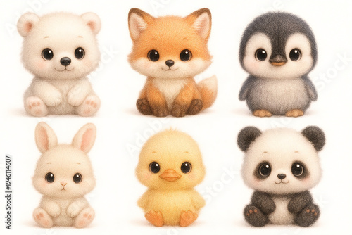 Set of Cute Baby Animal Characters Including Bear, Fox, Penguin, Rabbit, Chick, and Panda
