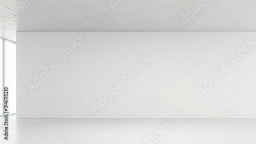 Wide empty bright room with long white wall and white concrete floor