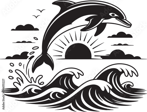 Jumping dolphin over ocean waves and sun graphic