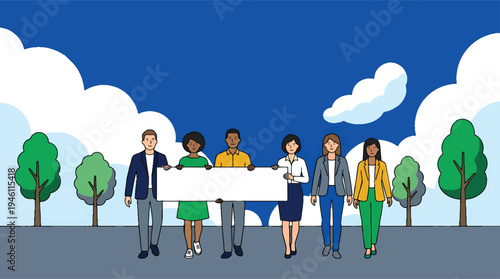 Diverse group of people holding a blank banner for protest or announcement.