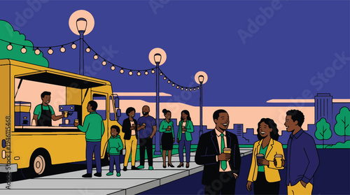 Diverse group of people enjoying an evening at a food truck event.