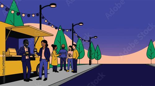 Diverse group of people gathered around a vibrant food truck at night.