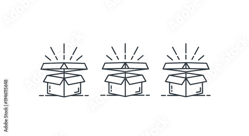 Three Open Boxes with Light Rays Above, Line Art Vector Illustration, Minimalist Design, Concept of Ideas and Innovation