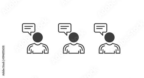 Three People Icons with Speech Bubbles, Communication and Discussion Concept, Flat Design Vector Illustration for Social Media and Business