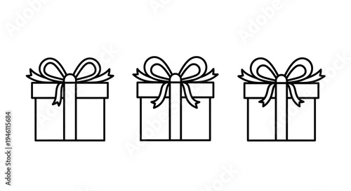 Three simple line art gift boxes with bows, isolated on white background, vector illustration for celebration, holiday, and surprise design
