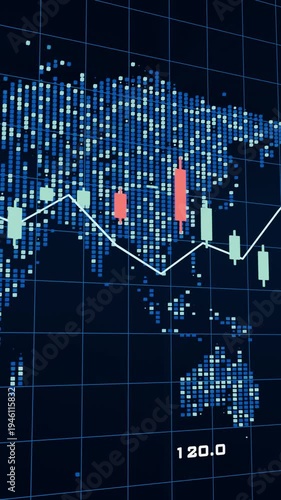 Global stock market crash depicted by falling candles on a digital world map in vertical video.