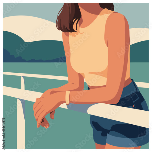 Woman standing on a boat deck.