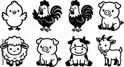 Cute black and white farm animal cartoon icons set with chick rooster pig sheep cow and goat smiling vector art illustration