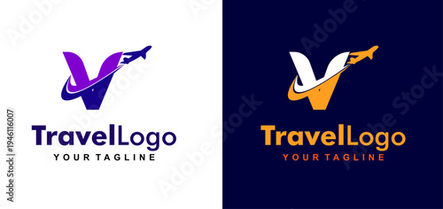 flight line initial letter v logo design. airplane flight line forms letter v logo design. editable color and vector.