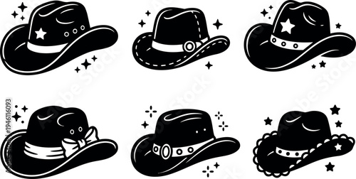 Black and white vector art of six different cowboy hats with sparkling stars and various decorative details