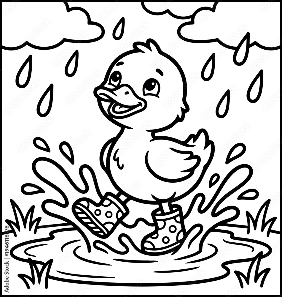 Fototapeta premium Cute duckling wearing spotted rain boots happily jumping in rainy puddle with splash droplets and cloudy sky outline vector art