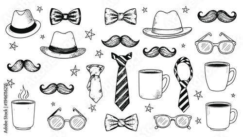 Hand-Drawn Father's Day Icons: Hats, Ties, Mustaches, Glasses, Coffee Cups