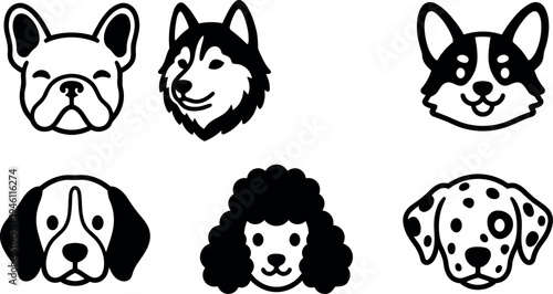 Minimalist black and white vector set of six dog faces including husky poodle dalmatian corgi beagle and french bulldog icons