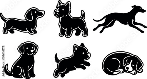 Flat design vector icons of various dog breeds including dachshund terrier greyhound labrador and sleeping dog illustrations