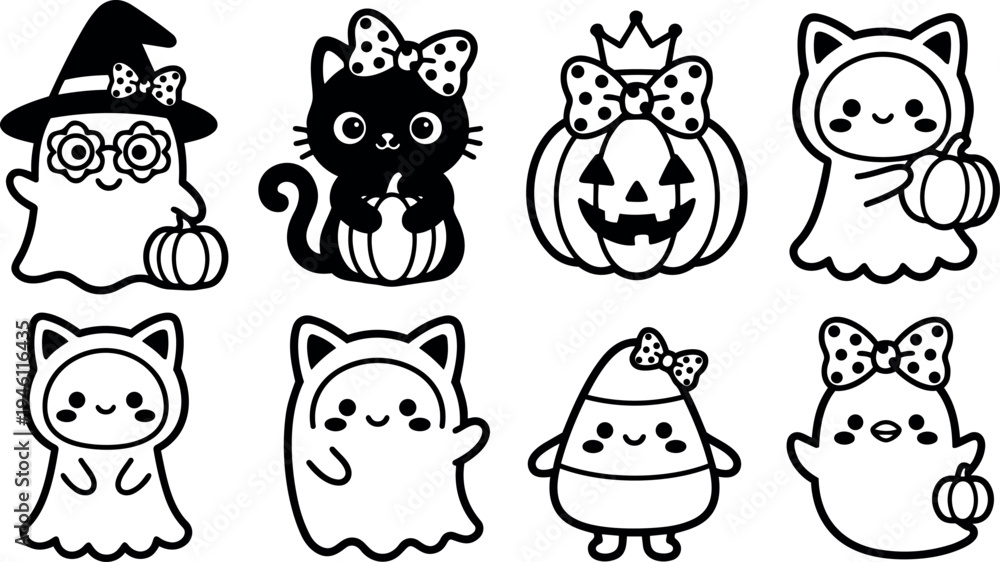 Obraz premium Cute halloween ghost characters with pumpkin and bow accessories in kawaii style vector set of eight black and white illustrations