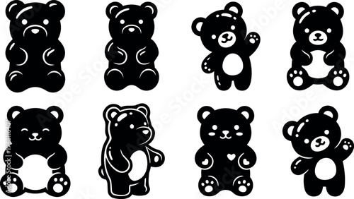 Cute black silhouette teddy bear icons set with different poses and facial expressions in simple vector art style
