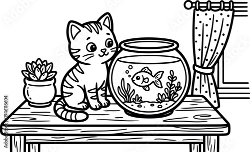 Cute kitten watching goldfish inside round fishbowl on wooden table by window with polka dot curtain line art vector