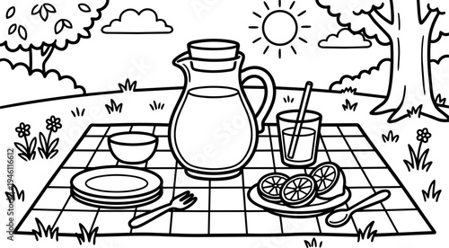 Outline vector art picnic scene with pitcher of water glass fruit slices and plates on checkered blanket in sunny park