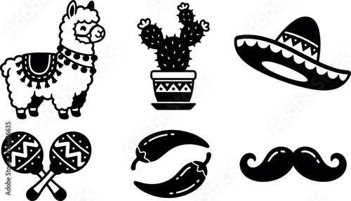 Black and white vector set of mexican cultural icons including llama cactus sombrero chili peppers maracas and mustache illustration