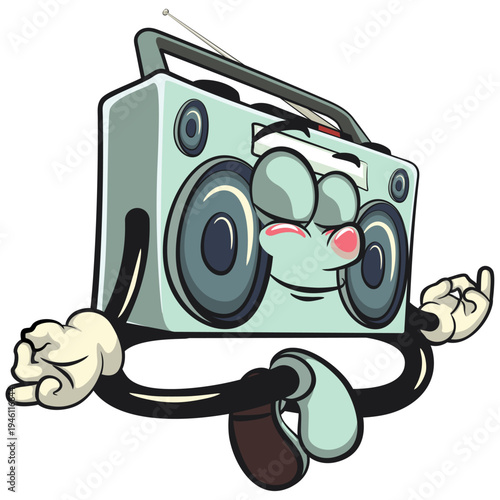 cute retro boombox radio mascot character meditating, isolated vector illustration, work of hand drawn