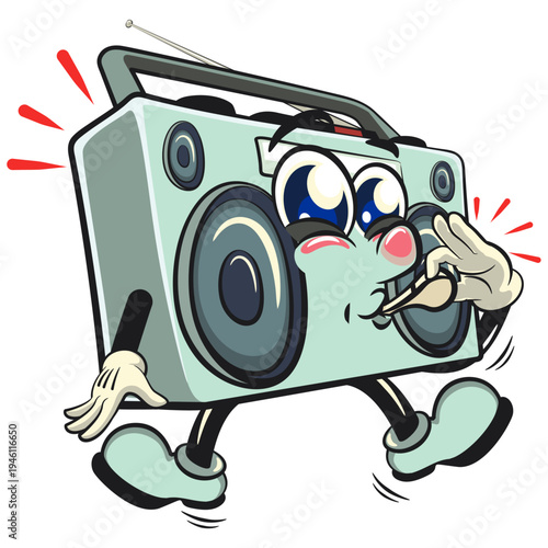 cute retro boombox radio mascot character blowing the whistle, isolated vector illustration, work of hand drawn