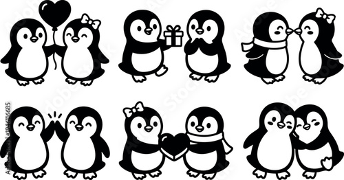 Cute penguin couple giving heart shaped balloon gift hugging and showing affection vector art black and white illustration