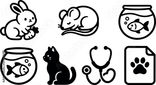 Flat design vector icons of rabbit holding carrot mouse sleeping fish in bowl cat silhouette stethoscope and paw print paper