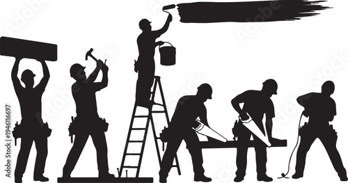 Construction Workers Silhouette Set: Carpenters, Painters, and Builders at Work
