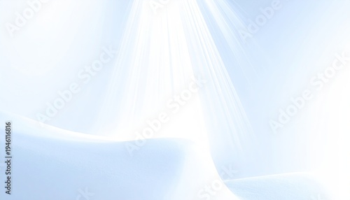 Ethereal light streams down on soft, undulating, light blue and white abstract shapes