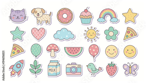Colorful cartoon stickers of food and objects.