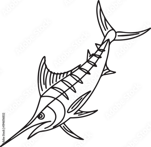 Swordfish Marine Fish Line Art Ocean Wildlife Illustration