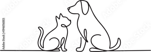 Cat and Dog Sitting Together Pet Friendship Continuous Line Art Illustration